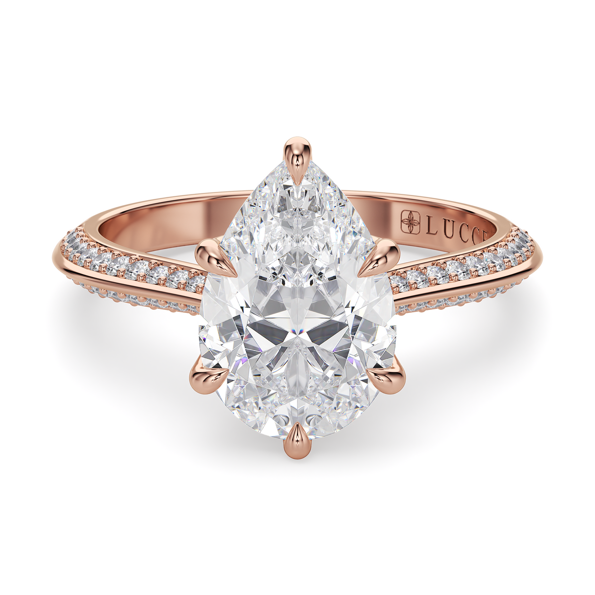 Load image into Gallery viewer, LUCCE Knife Edge Cathedral Pear Diamond Pavé Engagement Ring with Overlapping Petal Prongs in Gold or Platinum
