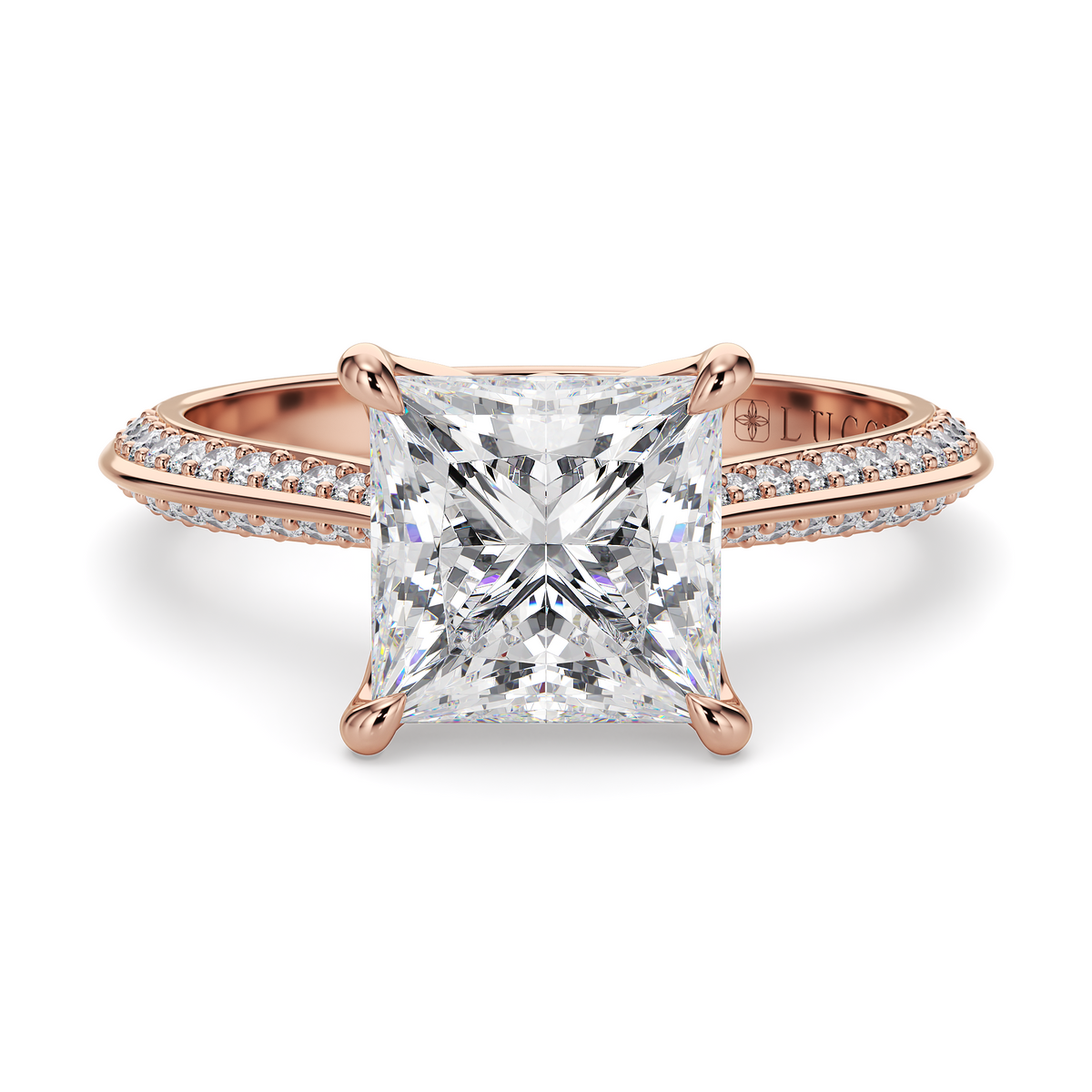 Load image into Gallery viewer, LUCCE Knife Edge Cathedral Princess Diamond Pavé Engagement Ring with Overlapping Petal Prongs in Gold or Platinum
