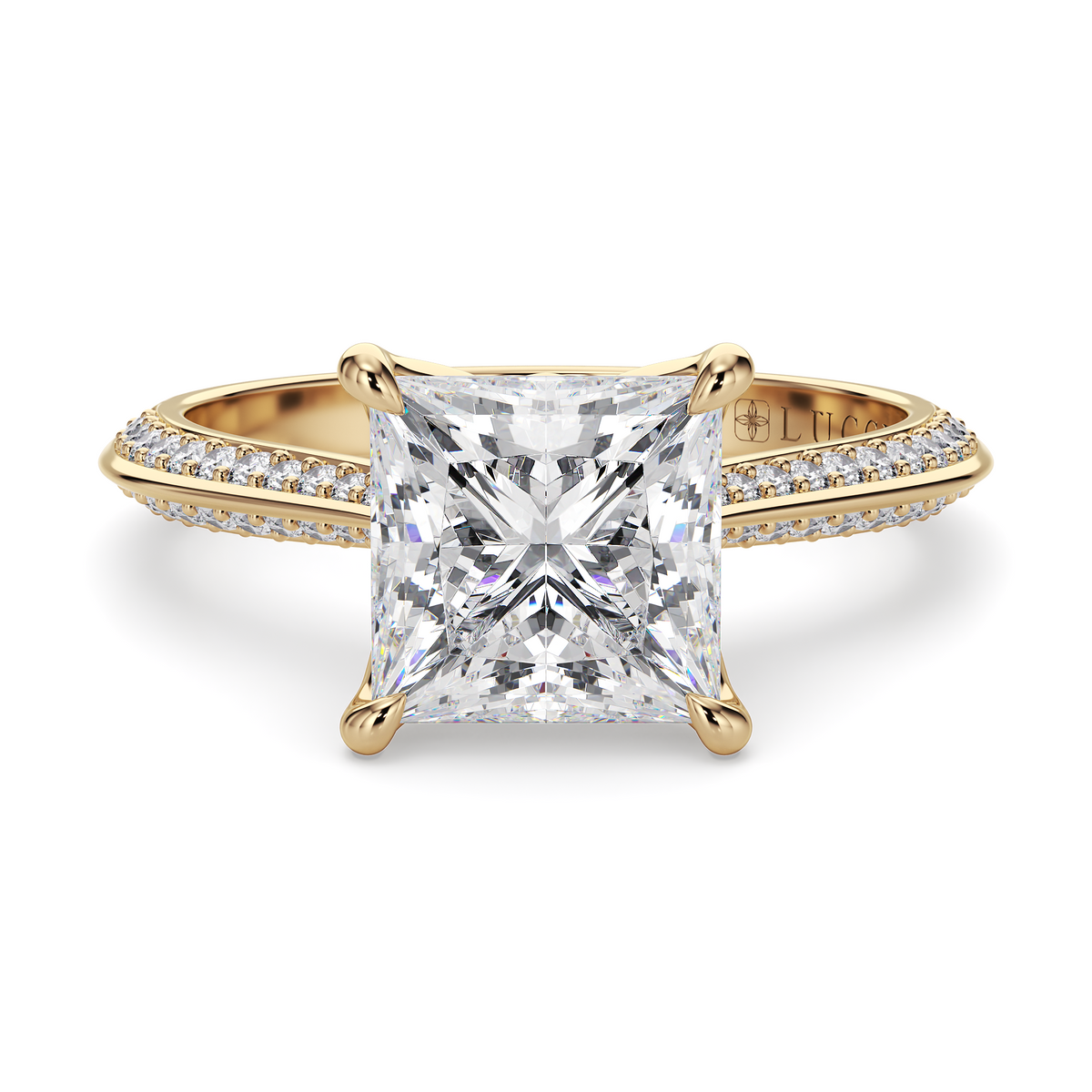 Load image into Gallery viewer, LUCCE Knife Edge Cathedral Princess Diamond Pavé Engagement Ring with Overlapping Petal Prongs in Gold or Platinum
