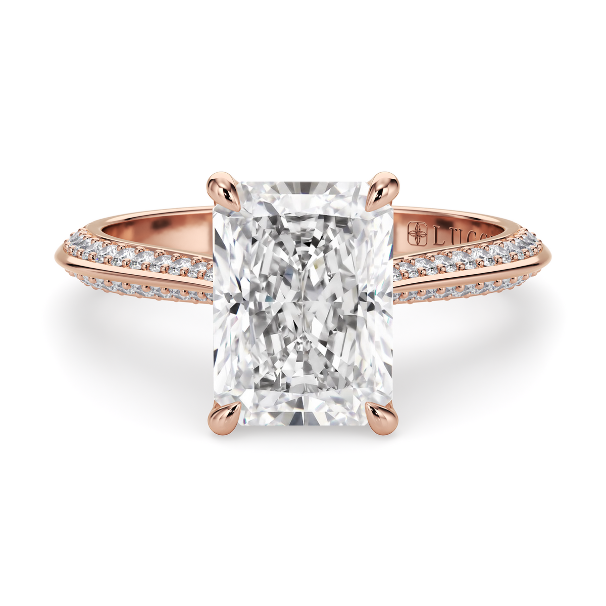 Load image into Gallery viewer, LUCCE Knife Edge Cathedral Radiant Diamond Pavé Engagement Ring with Overlapping Petal Prongs in Gold or Platinum
