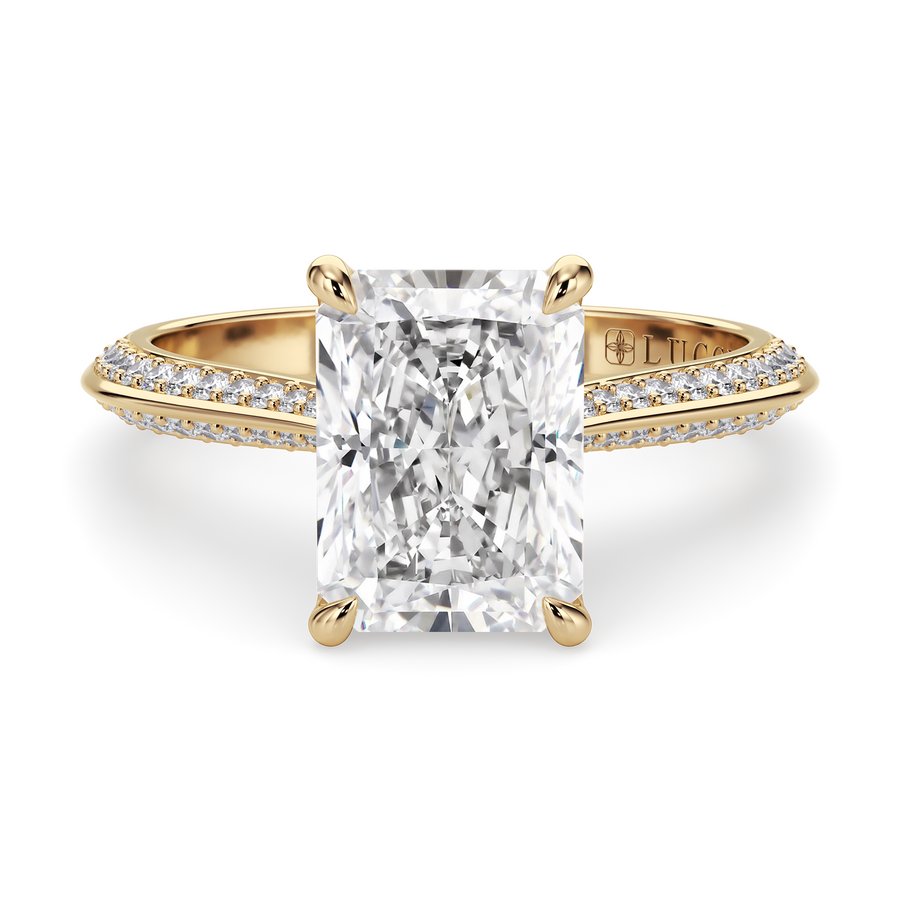 Load image into Gallery viewer, LUCCE Knife Edge Cathedral Radiant Diamond Pavé Engagement Ring with Overlapping Petal Prongs in Gold or Platinum
