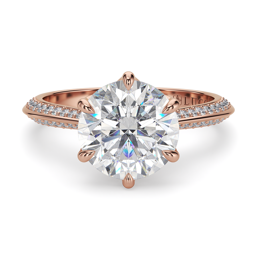 Load image into Gallery viewer, LUCCE Knife Edge Cathedral Round Diamond Pavé Engagement Ring with Overlapping Petal Prongs in Gold or Platinum

