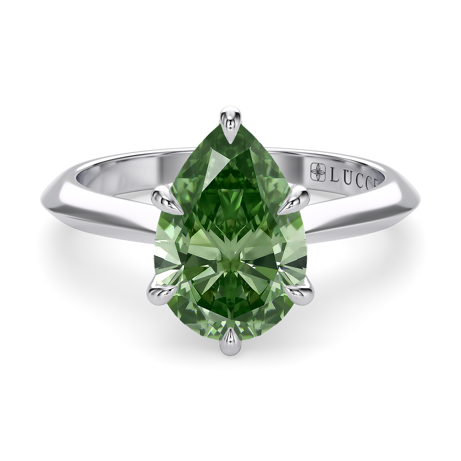 Load image into Gallery viewer, LUCCE Knife Edge Cathedral Pear Green Diamond Solitaire Engagement Ring with Overlapping Petal Prongs in Gold or Platinum
