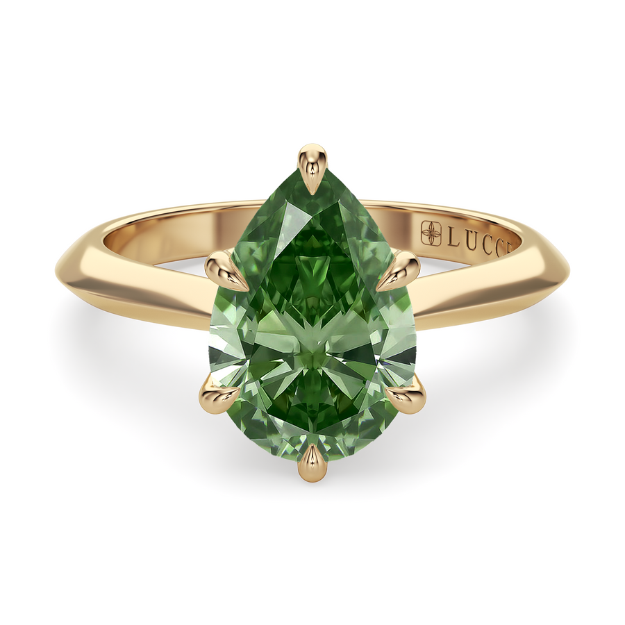 Load image into Gallery viewer, LUCCE Knife Edge Cathedral Pear Green Diamond Solitaire Engagement Ring with Overlapping Petal Prongs in Gold or Platinum
