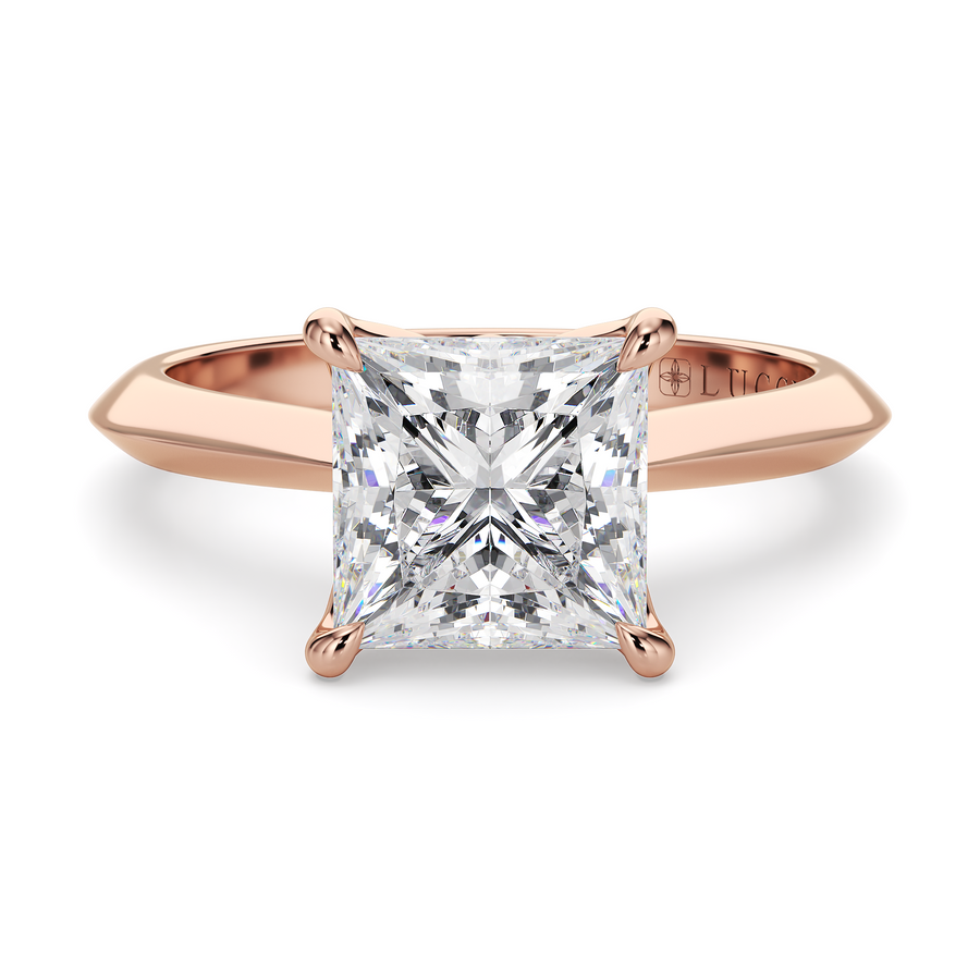 Load image into Gallery viewer, LUCCE Knife Edge Cathedral Princess Green Diamond Solitaire Engagement Ring with Overlapping Petal Prongs in Gold or Platinum
