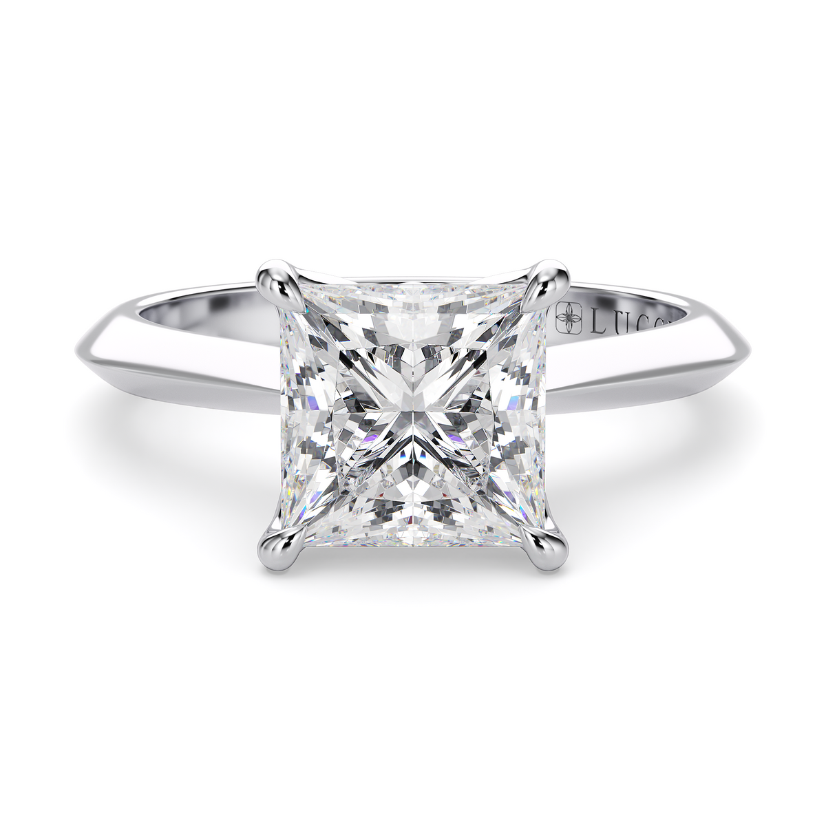 Load image into Gallery viewer, LUCCE Knife Edge Cathedral Princess Green Diamond Solitaire Engagement Ring with Overlapping Petal Prongs in Gold or Platinum
