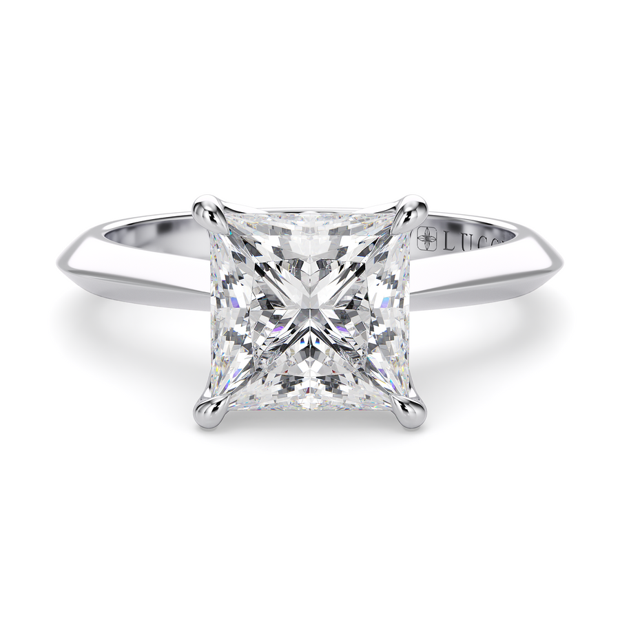 Load image into Gallery viewer, LUCCE Knife Edge Cathedral Princess Green Diamond Solitaire Engagement Ring with Overlapping Petal Prongs in Gold or Platinum
