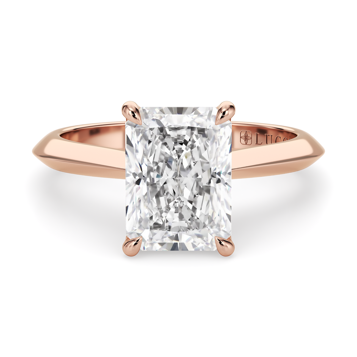Load image into Gallery viewer, LUCCE Knife Edge Cathedral Radiant Diamond Solitaire Engagement Ring with Overlapping Petal Prongs in Gold or Platinum
