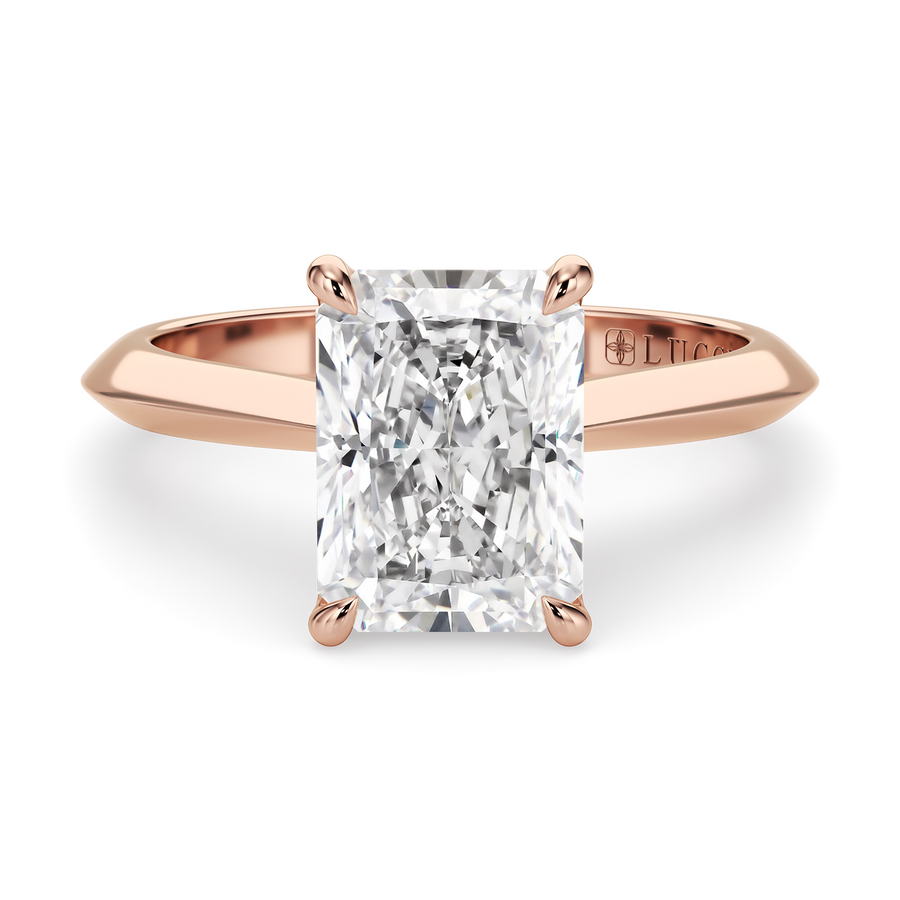 Load image into Gallery viewer, LUCCE Knife Edge Cathedral Radiant Diamond Solitaire Engagement Ring with Overlapping Petal Prongs in Gold or Platinum
