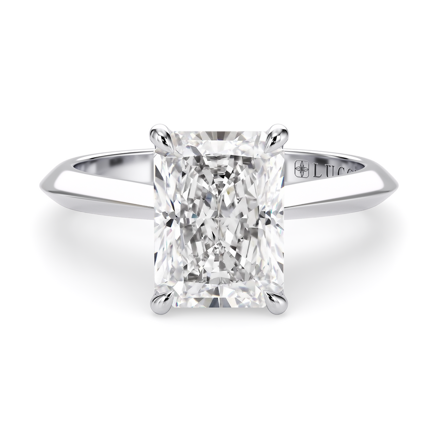Load image into Gallery viewer, LUCCE Knife Edge Cathedral Radiant Diamond Solitaire Engagement Ring with Overlapping Petal Prongs in Gold or Platinum
