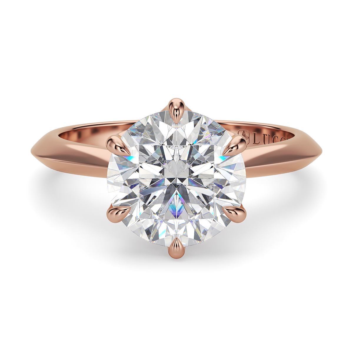 Load image into Gallery viewer, LUCCE Knife Edge Cathedral Round Diamond Solitaire Engagement Ring with Overlapping Petal Prongs in Gold or Platinum
