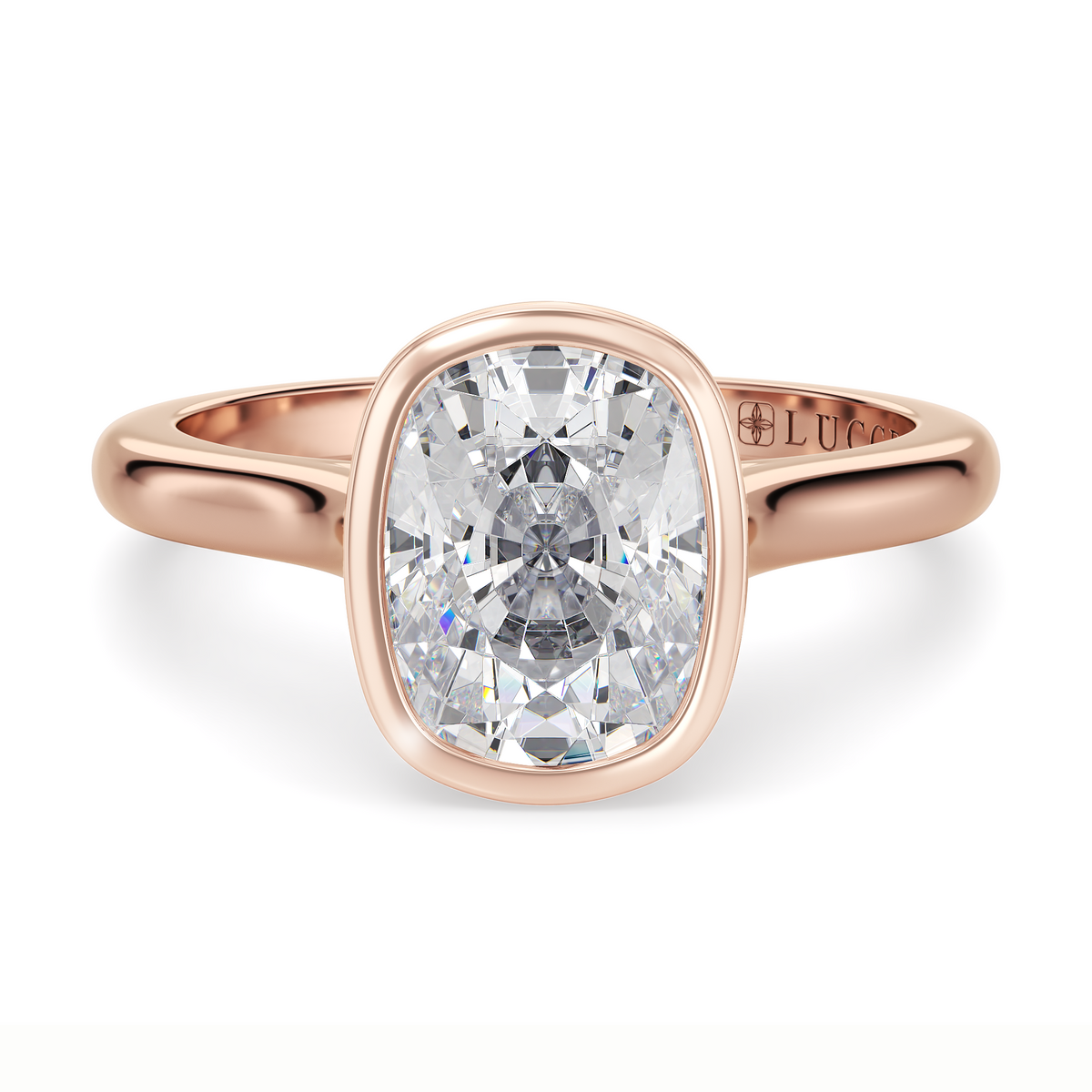 Load image into Gallery viewer, LUCCE Solitaire Cathedral Cushion Diamond in Bezel Setting with Hidden Petal Engagement Ring in Gold or Platinum
