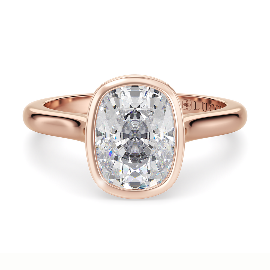 Load image into Gallery viewer, LUCCE Solitaire Cathedral Cushion Diamond in Bezel Setting with Hidden Petal Engagement Ring in Gold or Platinum
