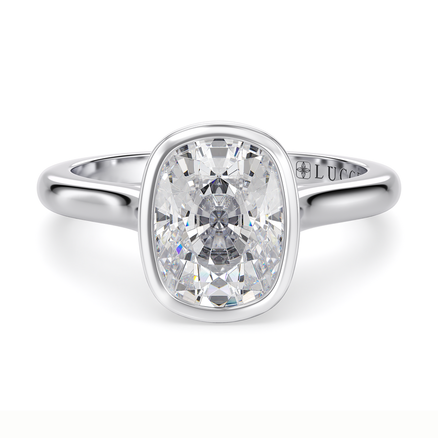 Load image into Gallery viewer, LUCCE Solitaire Cathedral Cushion Diamond in Bezel Setting with Hidden Petal Engagement Ring in Gold or Platinum
