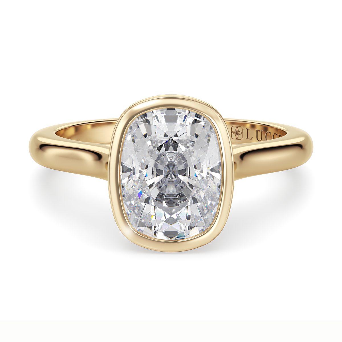 Load image into Gallery viewer, LUCCE Solitaire Cathedral Cushion Diamond in Bezel Setting with Hidden Petal Engagement Ring in Gold or Platinum
