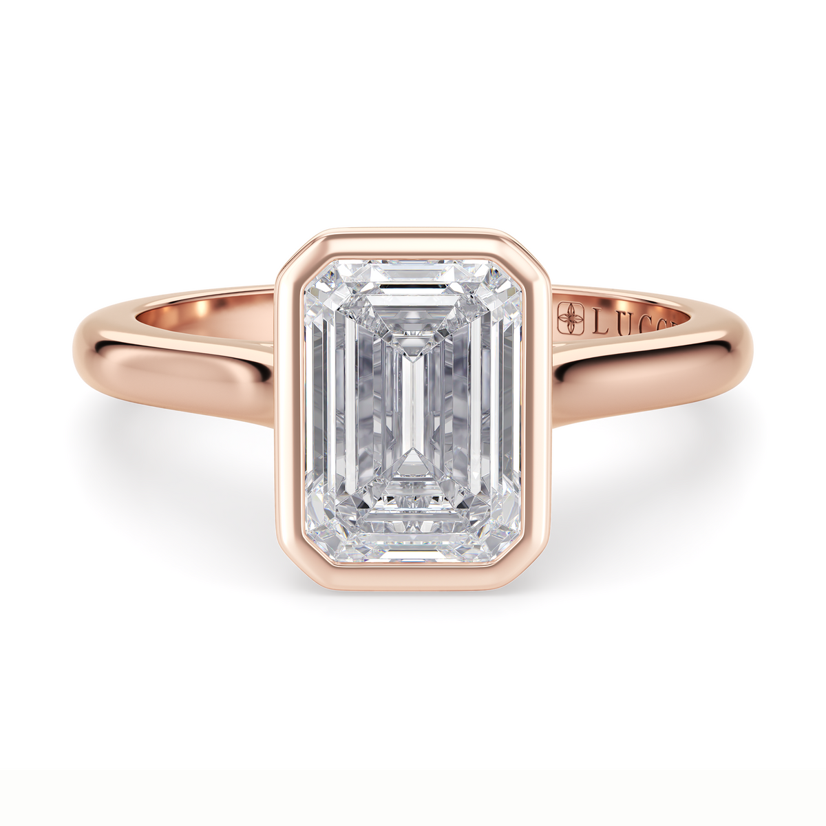 Load image into Gallery viewer, LUCCE Solitaire Cathedral Emerald Diamond in Bezel Setting with Hidden Petal Engagement Ring in Gold or Platinum
