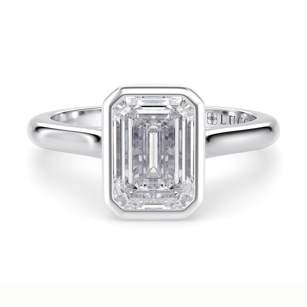 Load image into Gallery viewer, LUCCE Solitaire Cathedral Emerald Diamond in Bezel Setting with Hidden Petal Engagement Ring in Gold or Platinum
