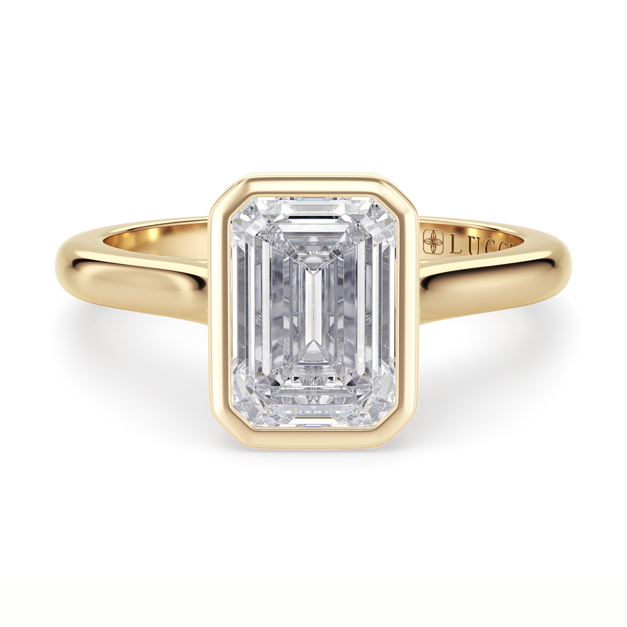Load image into Gallery viewer, LUCCE Solitaire Cathedral Emerald Diamond in Bezel Setting with Hidden Petal Engagement Ring in Gold or Platinum
