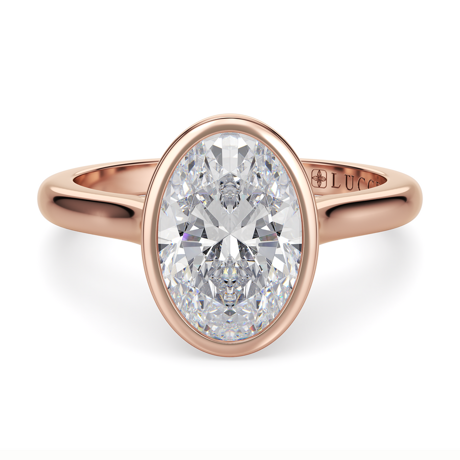Load image into Gallery viewer, LUCCE Solitaire Cathedral Oval Diamond in Bezel Setting with Hidden Petal Engagement Ring in Gold or Platinum
