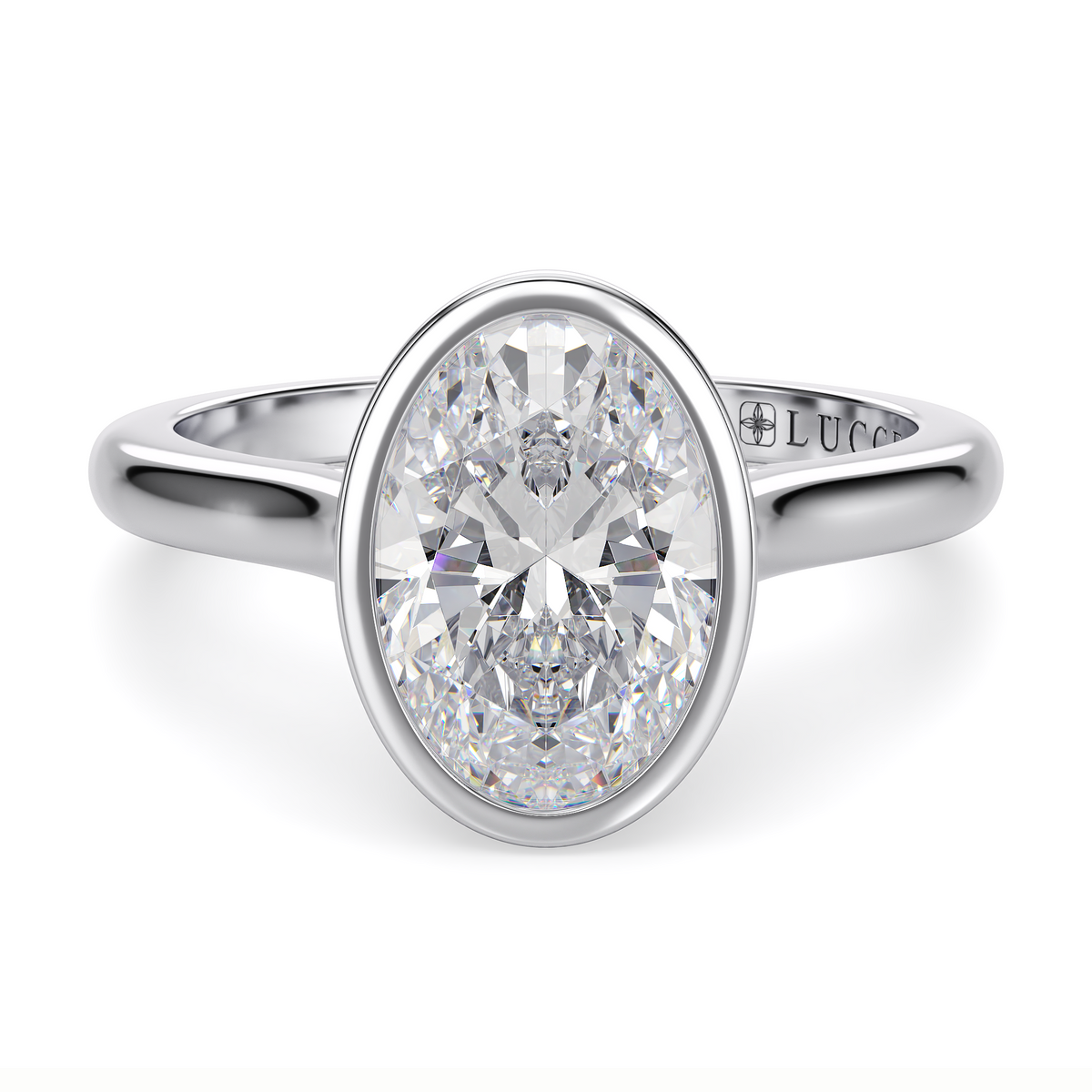 Load image into Gallery viewer, LUCCE Solitaire Cathedral Oval Diamond in Bezel Setting with Hidden Petal Engagement Ring in Gold or Platinum
