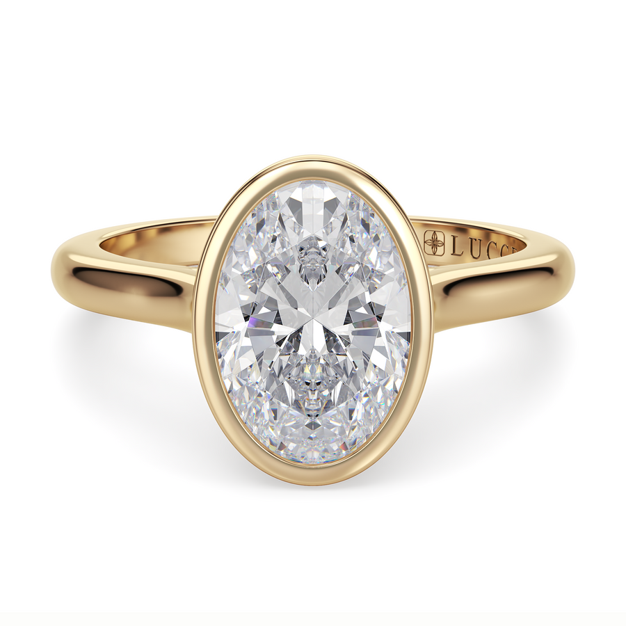 Load image into Gallery viewer, LUCCE Solitaire Cathedral Oval Diamond in Bezel Setting with Hidden Petal Engagement Ring in Gold or Platinum
