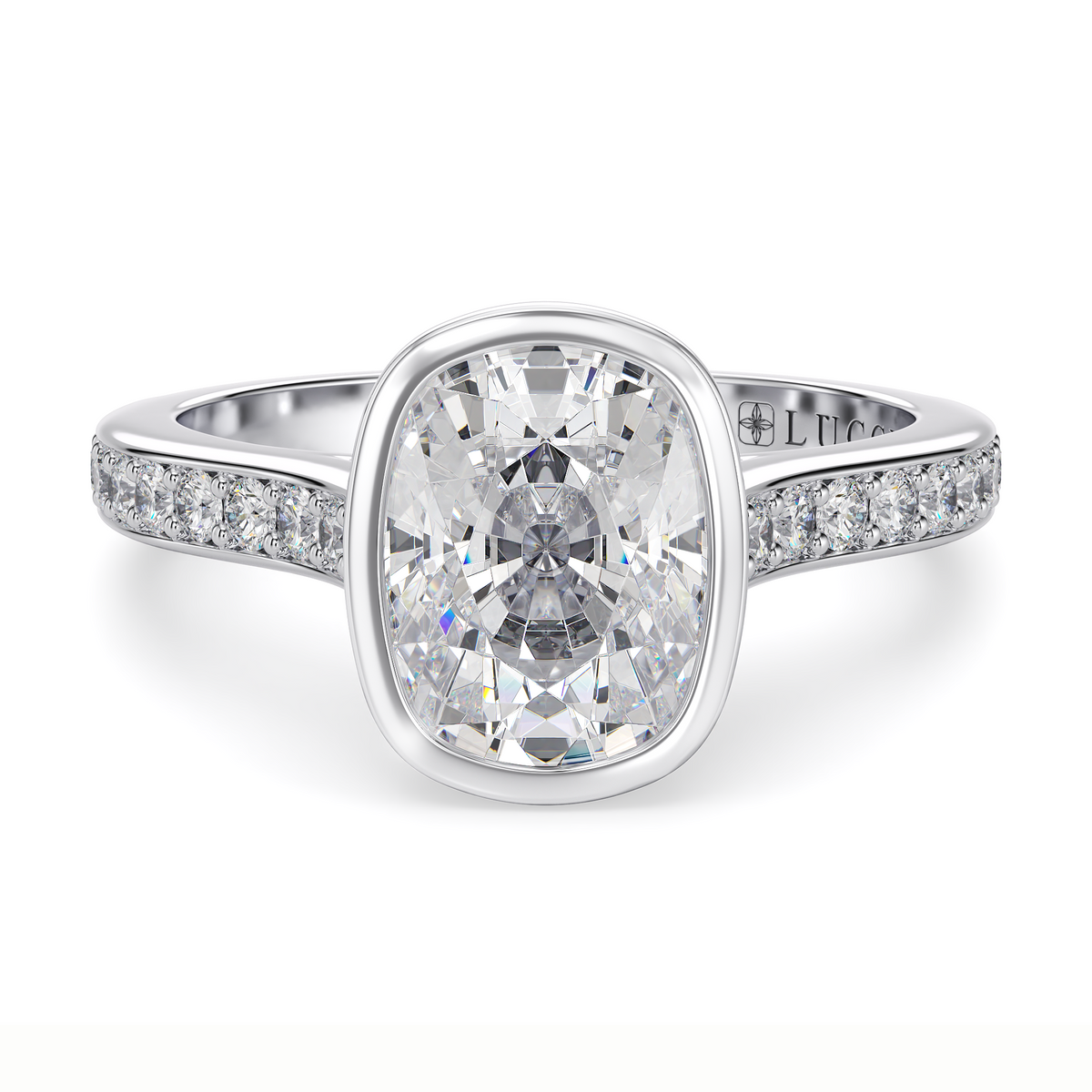 Load image into Gallery viewer, LUCCE Pavé Cathedral Cushion Diamond in Bezel Setting with Hidden Petal Engagement Ring in Gold or Platinum
