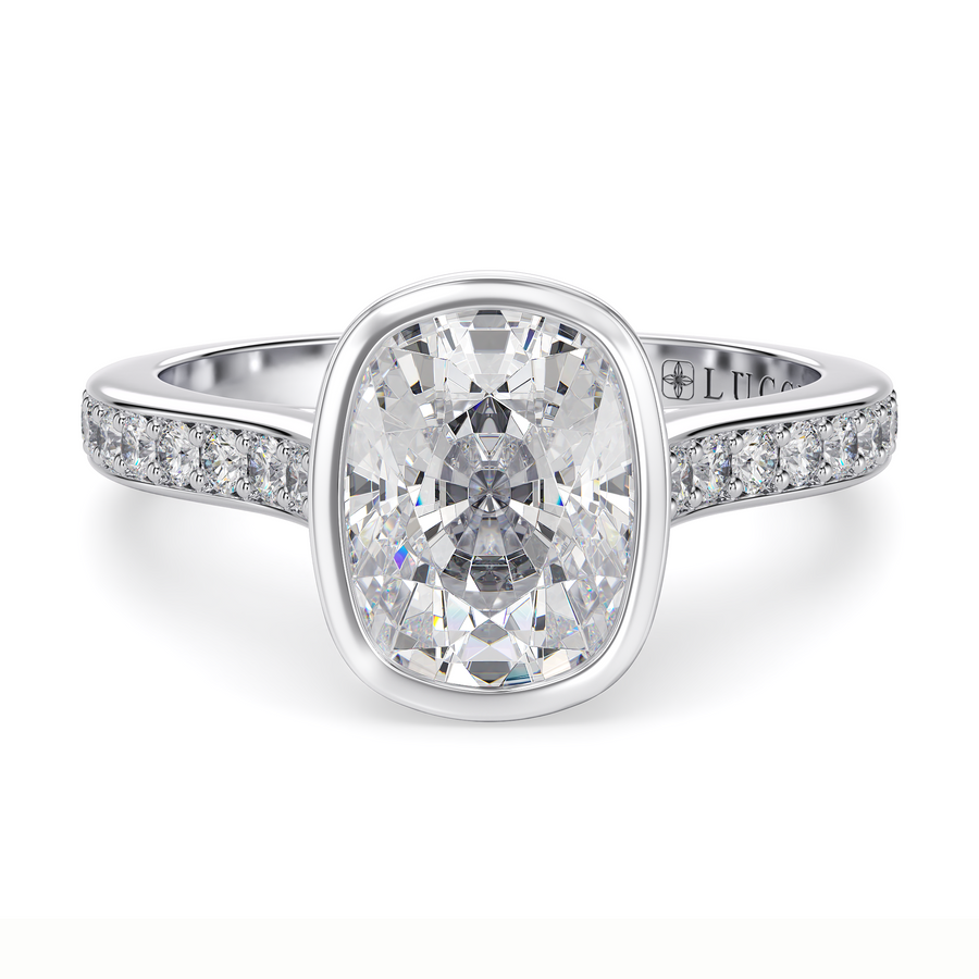 Load image into Gallery viewer, LUCCE Pavé Cathedral Cushion Diamond in Bezel Setting with Hidden Petal Engagement Ring in Gold or Platinum
