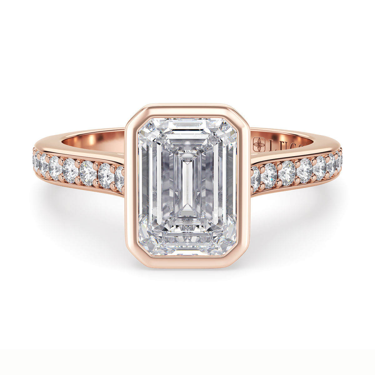 Load image into Gallery viewer, LUCCE Pavé Cathedral Emerald Diamond in Bezel Setting with Hidden Petal Engagement Ring in Gold or Platinum
