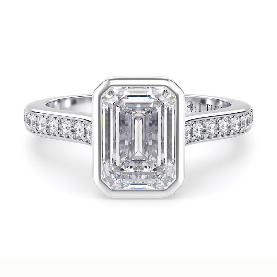 Load image into Gallery viewer, LUCCE Pavé Cathedral Emerald Diamond in Bezel Setting with Hidden Petal Engagement Ring in Gold or Platinum
