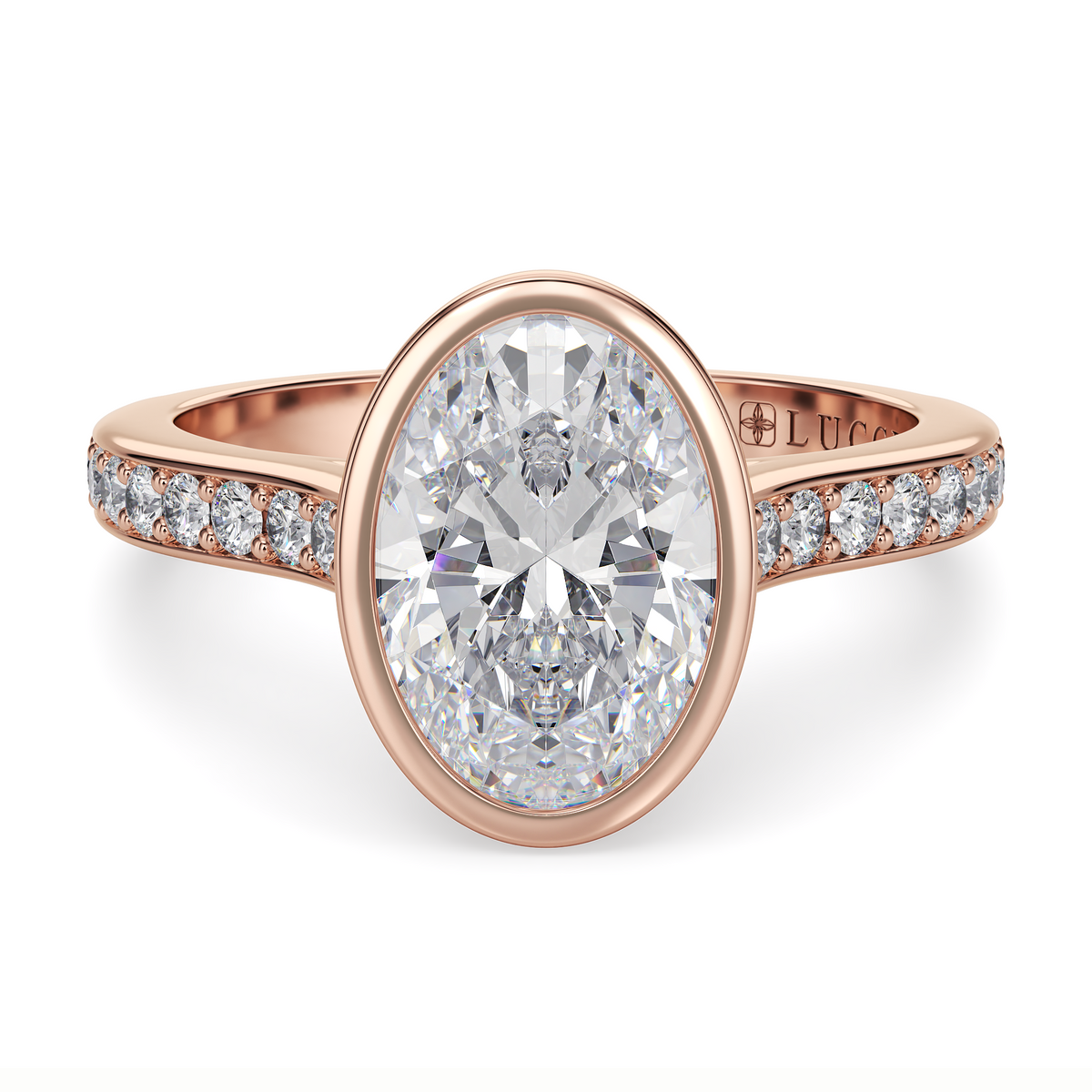 Load image into Gallery viewer, LUCCE Pavé Cathedral Oval Diamond in Bezel Setting with Hidden Petal Engagement Ring in Gold or Platinum
