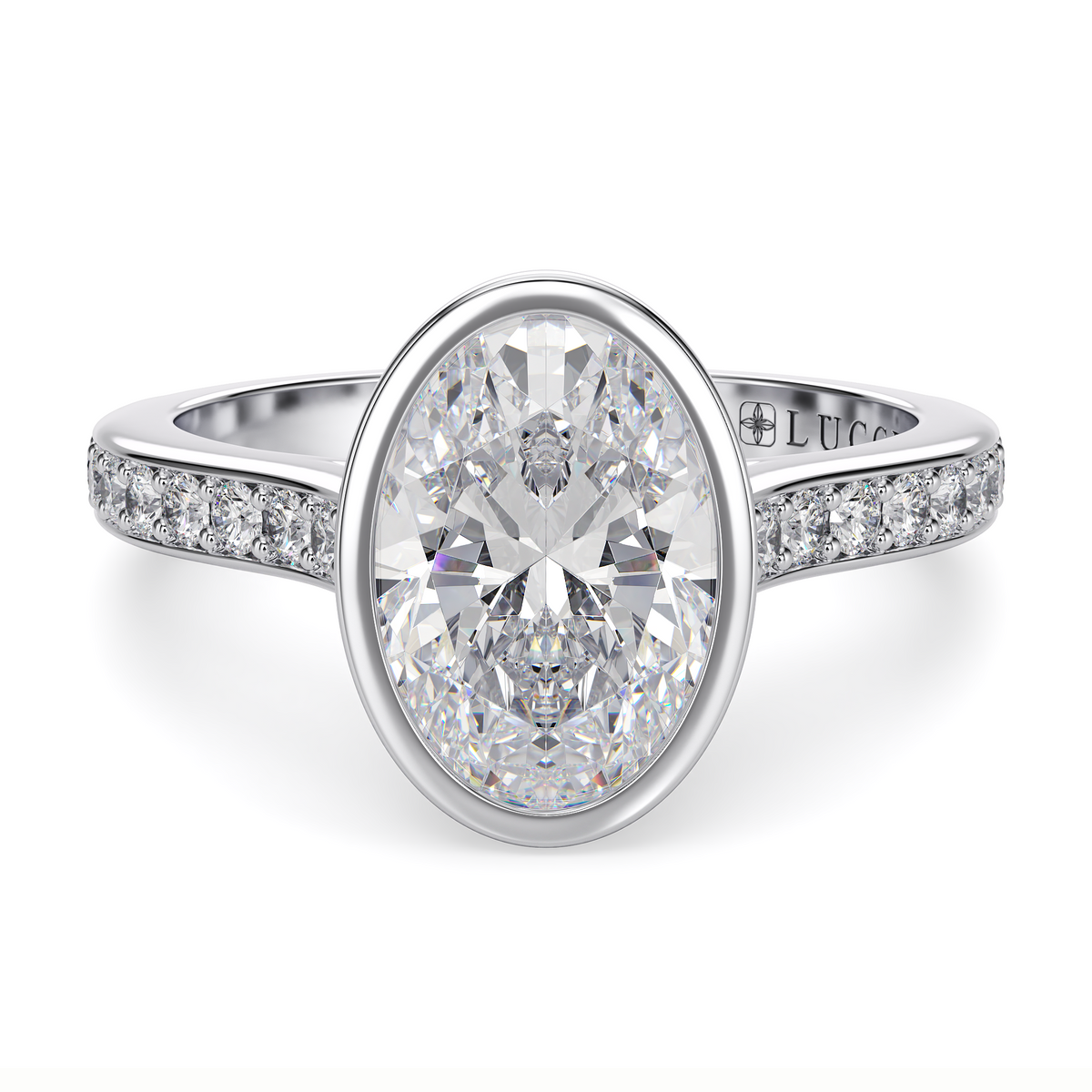 Load image into Gallery viewer, LUCCE Pavé Cathedral Oval Diamond in Bezel Setting with Hidden Petal Engagement Ring in Gold or Platinum
