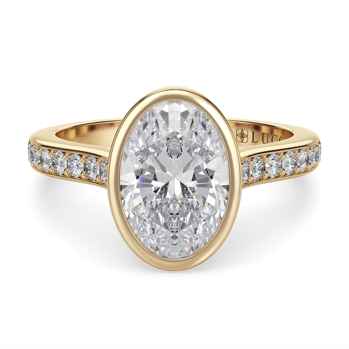 Load image into Gallery viewer, LUCCE Pavé Cathedral Oval Diamond in Bezel Setting with Hidden Petal Engagement Ring in Gold or Platinum
