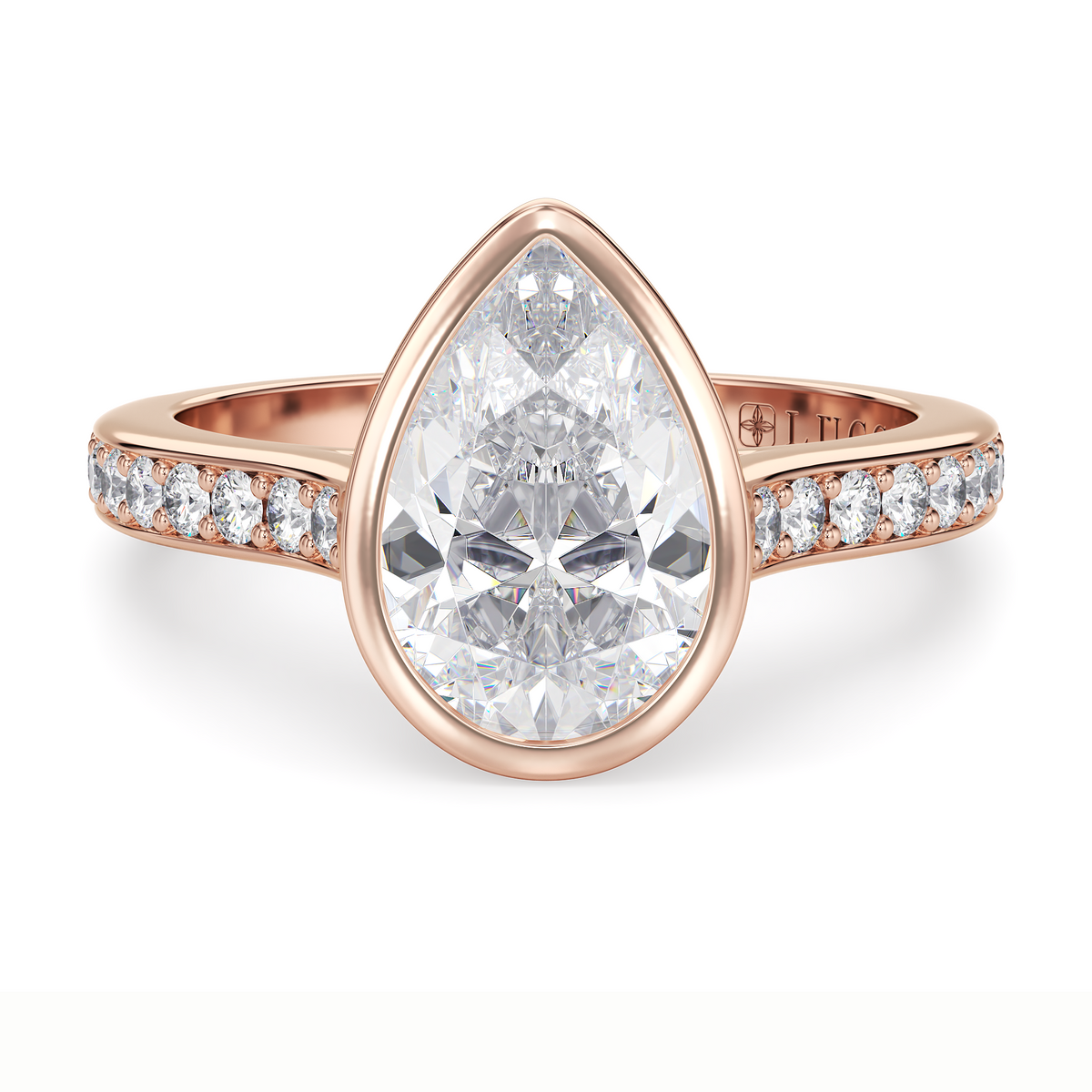 Load image into Gallery viewer, LUCCE Pavé Cathedral Pear Diamond in Bezel Setting with Hidden Petal Engagement Ring in Gold or Platinum
