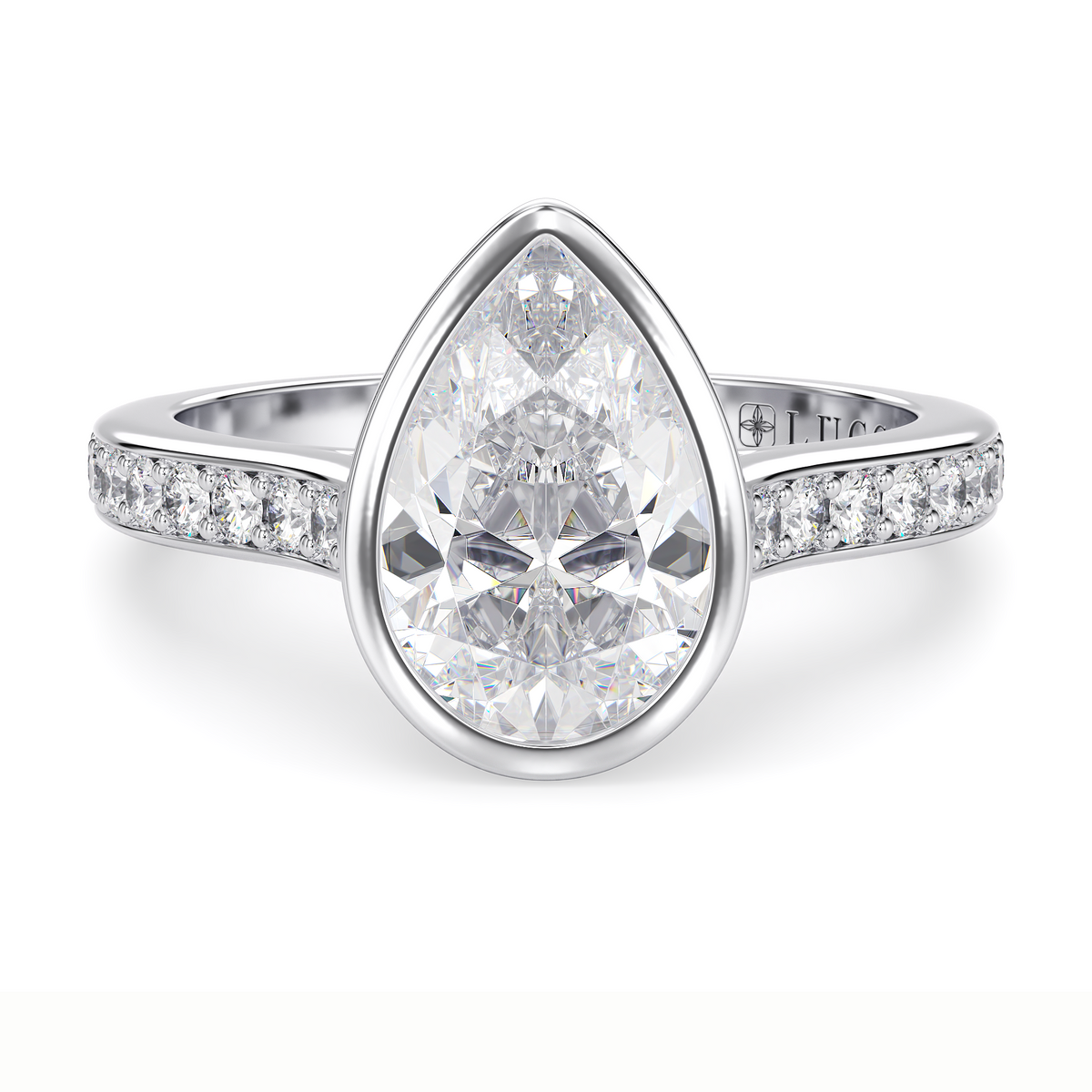Load image into Gallery viewer, LUCCE Pavé Cathedral Pear Diamond in Bezel Setting with Hidden Petal Engagement Ring in Gold or Platinum
