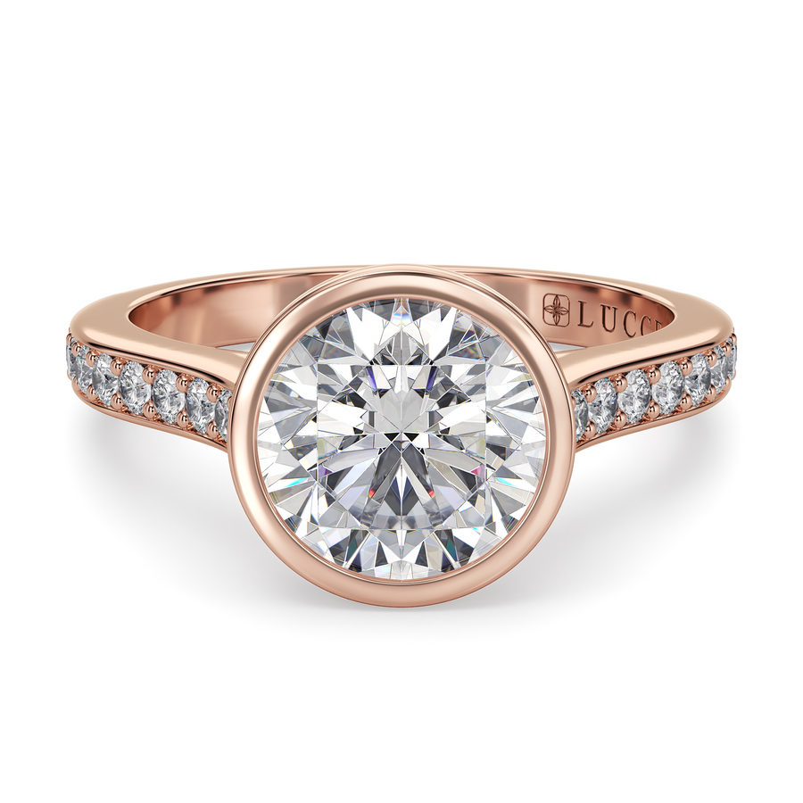 Load image into Gallery viewer, LUCCE Pavé Cathedral Round Diamond in Bezel Setting with Hidden Petal Engagement Ring in Gold or Platinum
