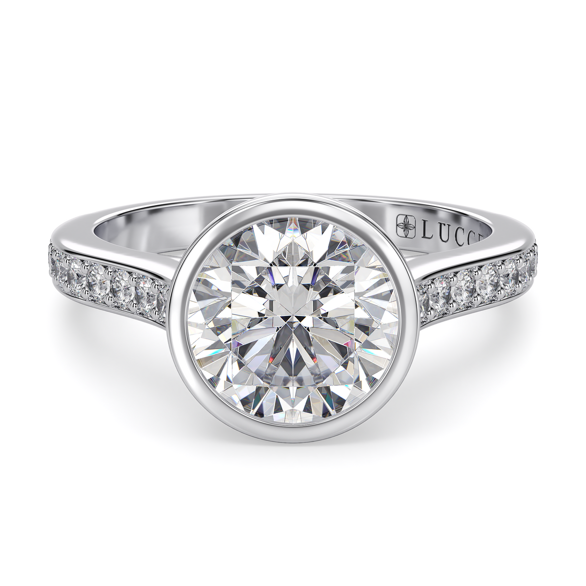 Load image into Gallery viewer, LUCCE Pavé Cathedral Round Diamond in Bezel Setting with Hidden Petal Engagement Ring in Gold or Platinum
