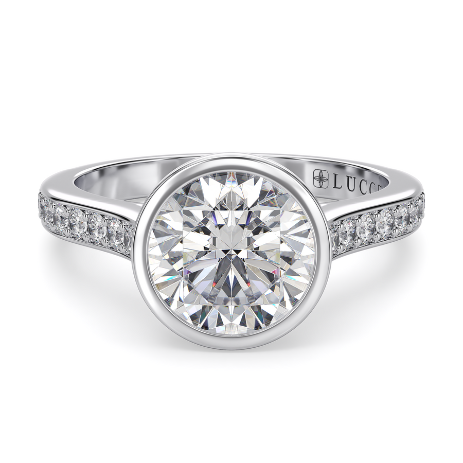 Load image into Gallery viewer, LUCCE Pavé Cathedral Round Diamond in Bezel Setting with Hidden Petal Engagement Ring in Gold or Platinum
