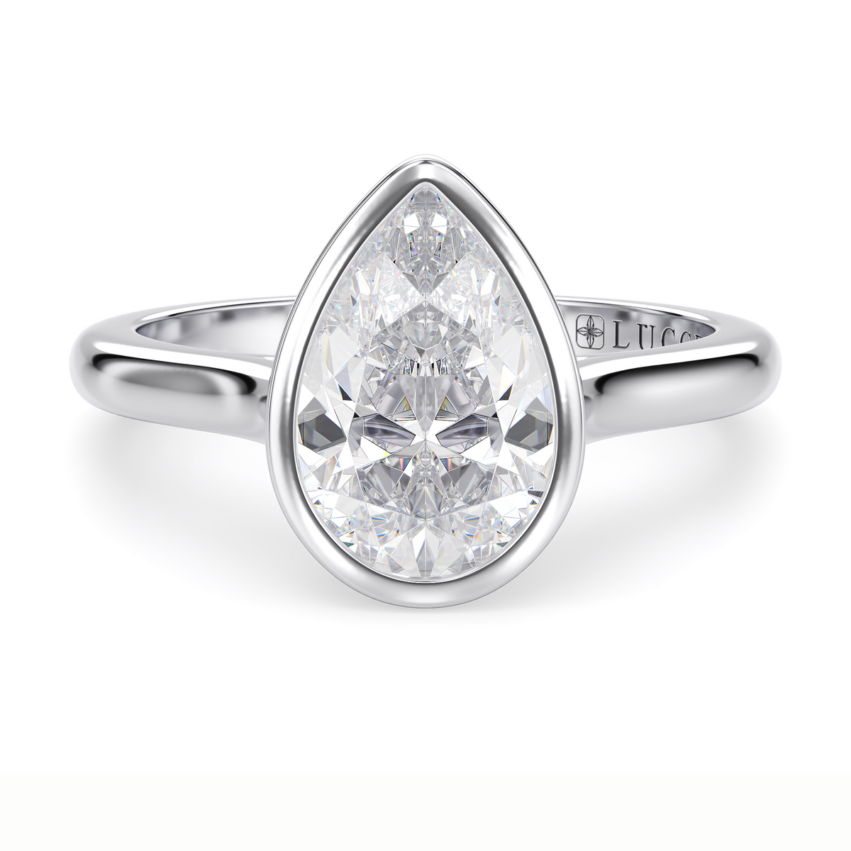 Load image into Gallery viewer, LUCCE Solitaire Cathedral Pear Diamond in Bezel Setting with Hidden Petal Engagement Ring in Gold or Platinum
