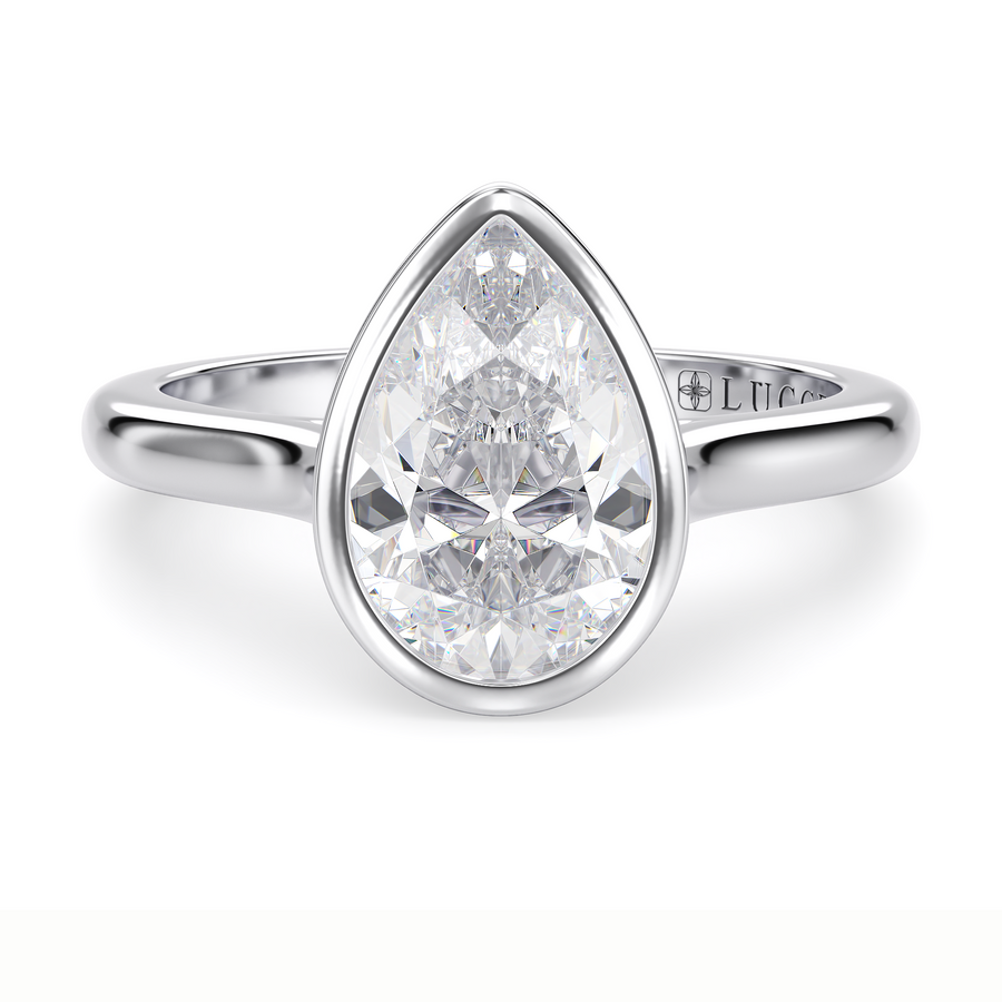 Load image into Gallery viewer, LUCCE Solitaire Cathedral Pear Diamond in Bezel Setting with Hidden Petal Engagement Ring in Gold or Platinum
