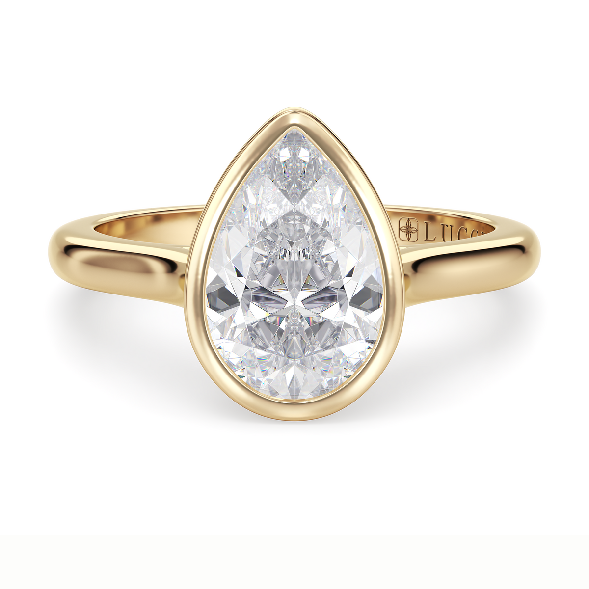 Load image into Gallery viewer, LUCCE Solitaire Cathedral Pear Diamond in Bezel Setting with Hidden Petal Engagement Ring in Gold or Platinum
