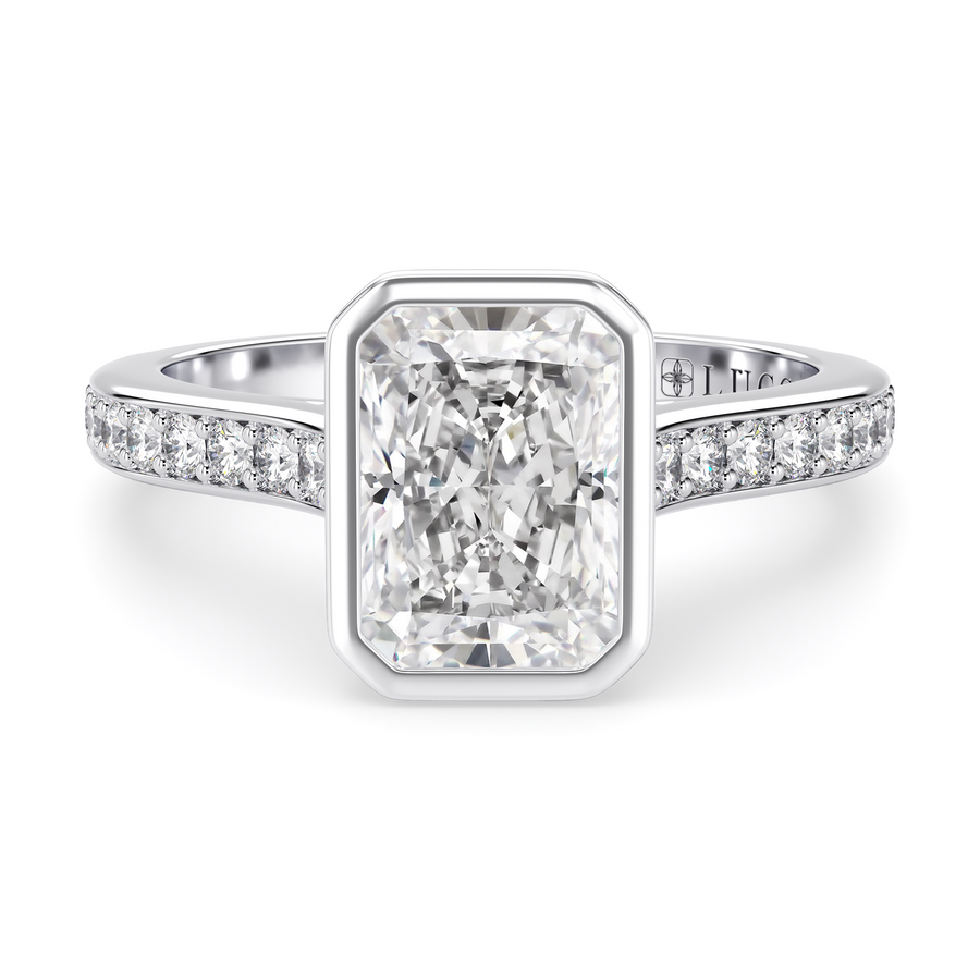 Load image into Gallery viewer, LUCCE Pavé Cathedral Radiant Diamond in Bezel Setting with Hidden Petal Engagement Ring in Gold or Platinum
