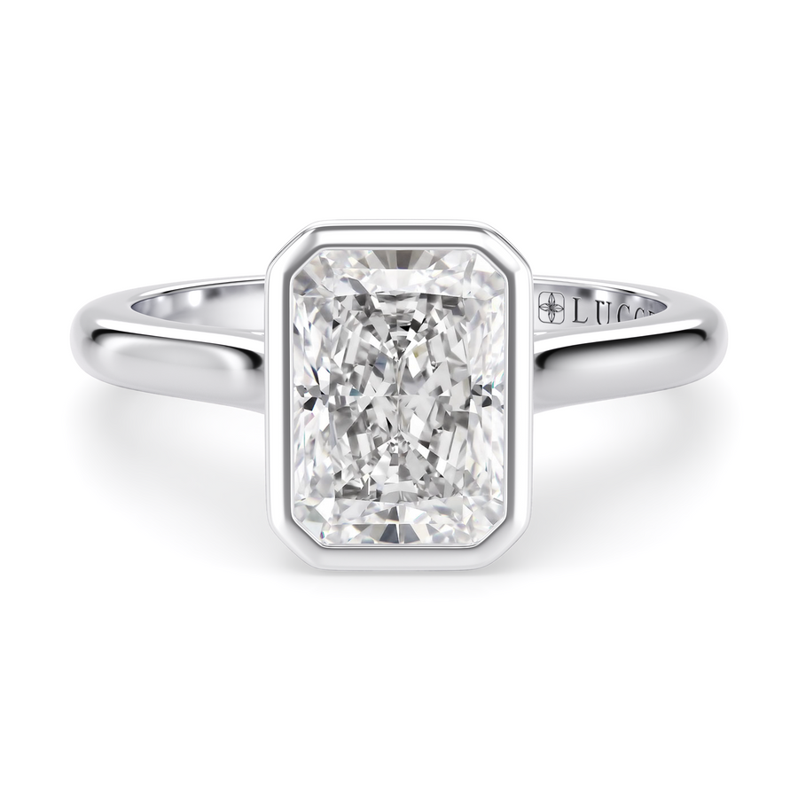 Load image into Gallery viewer, LUCCE Solitaire Cathedral Radiant Diamond in Bezel Setting with Hidden Petal Engagement Ring in Gold or Platinum
