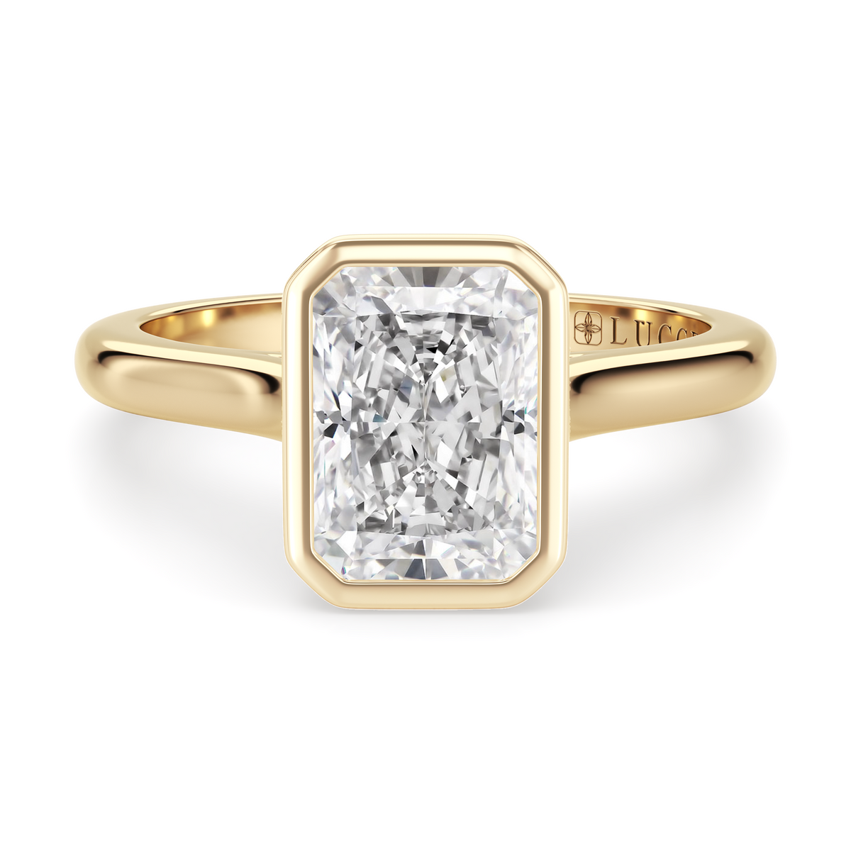 Load image into Gallery viewer, LUCCE Solitaire Cathedral Radiant Diamond in Bezel Setting with Hidden Petal Engagement Ring in Gold or Platinum
