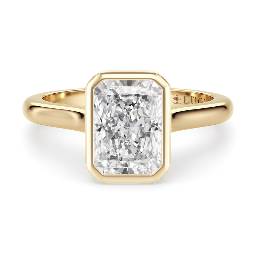 Load image into Gallery viewer, LUCCE Solitaire Cathedral Radiant Diamond in Bezel Setting with Hidden Petal Engagement Ring in Gold or Platinum
