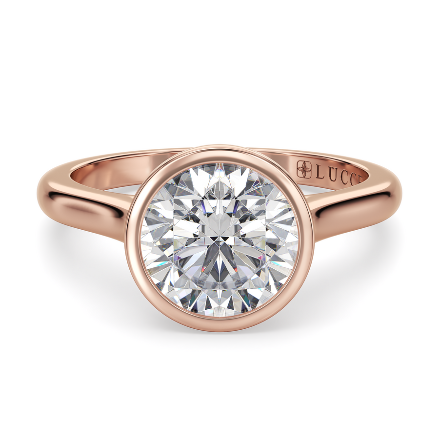 Load image into Gallery viewer, LUCCE Solitaire Cathedral Round Diamond in Bezel Setting with Hidden Petal Engagement Ring in Gold or Platinum
