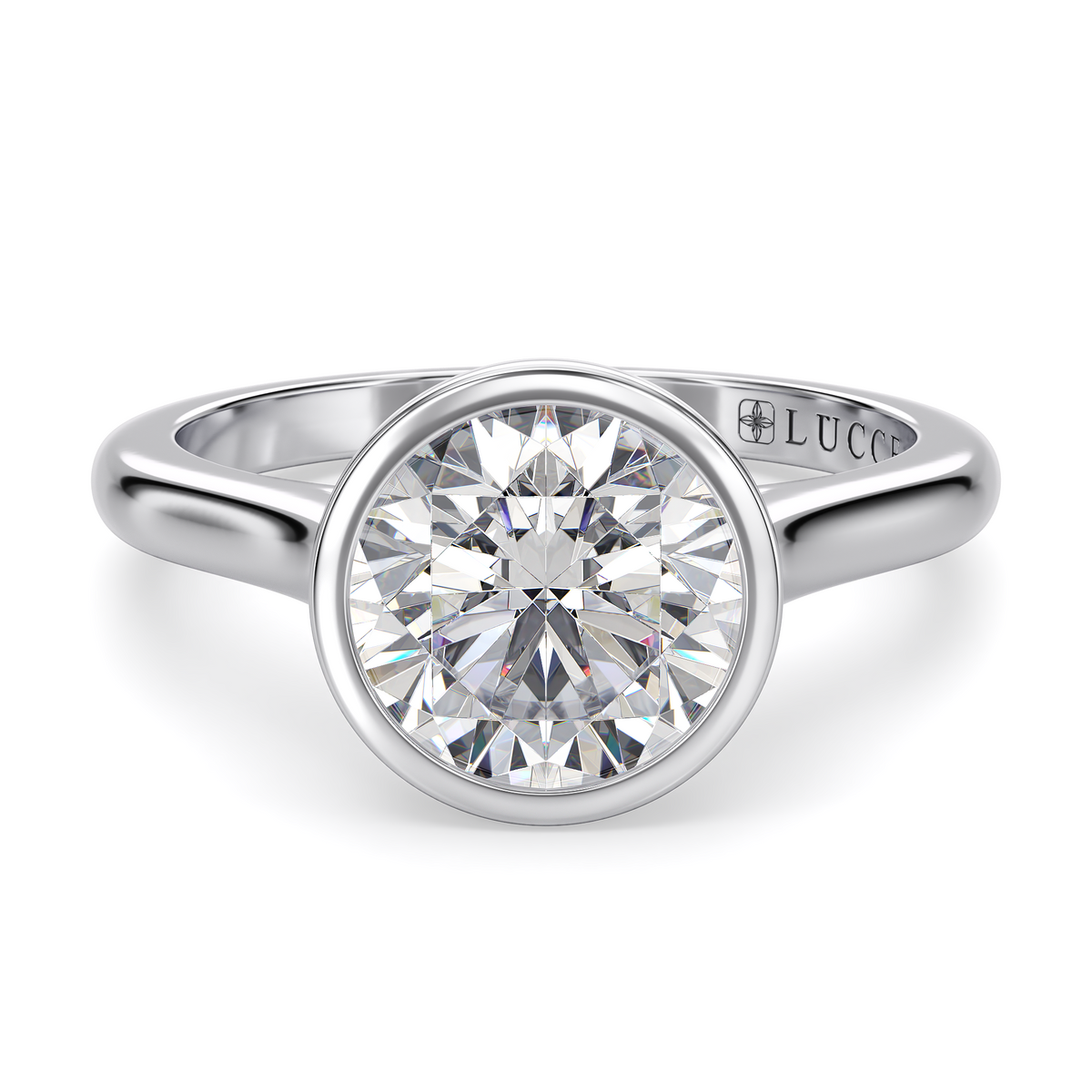 Load image into Gallery viewer, LUCCE Solitaire Cathedral Round Diamond in Bezel Setting with Hidden Petal Engagement Ring in Gold or Platinum
