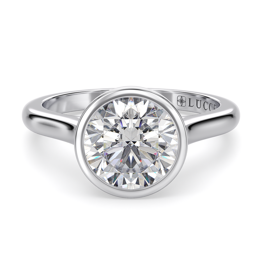 Load image into Gallery viewer, LUCCE Solitaire Cathedral Round Diamond in Bezel Setting with Hidden Petal Engagement Ring in Gold or Platinum
