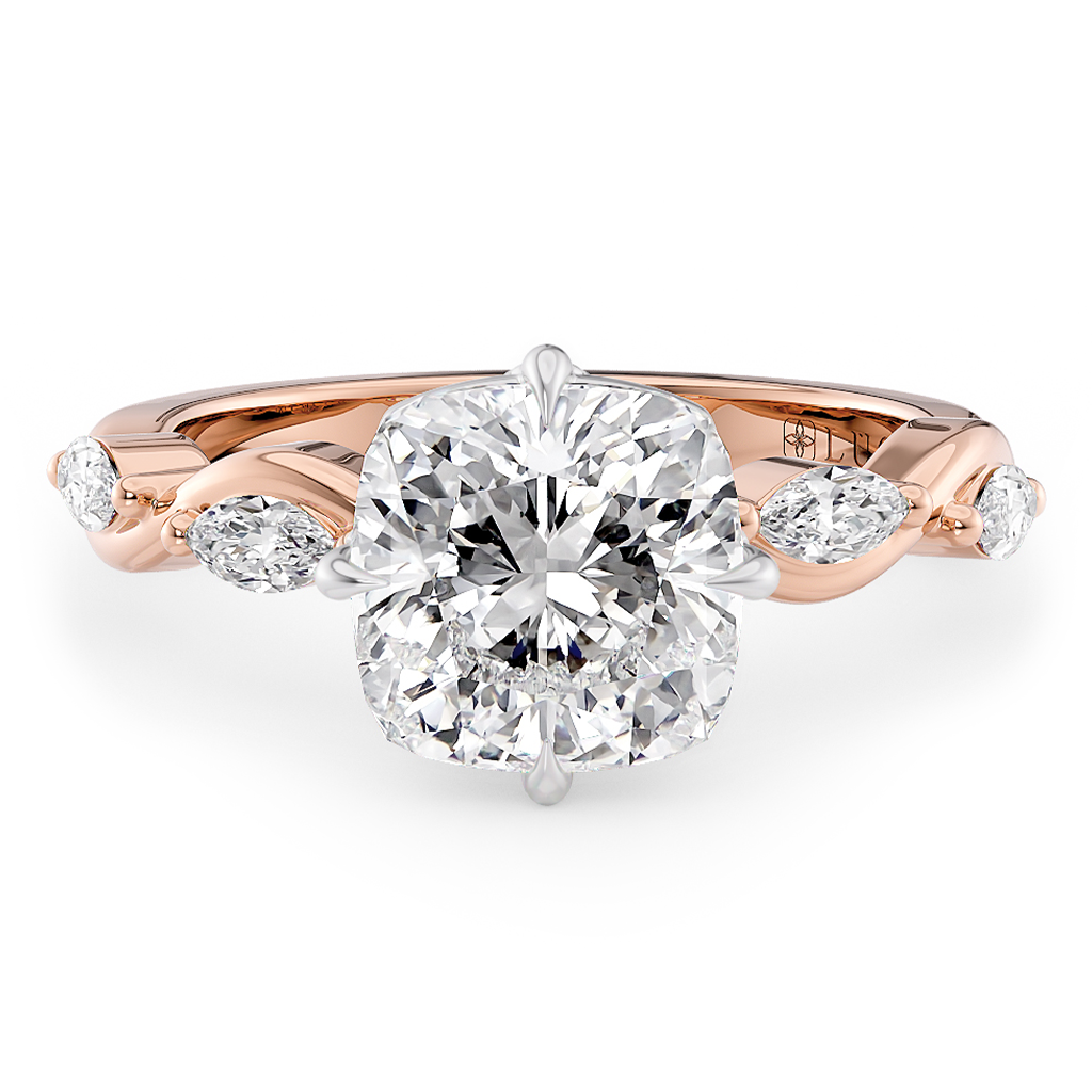 Load image into Gallery viewer, LUCCE Cushion Diamond Ring with Marquise Accents in Intertwining Vines and Petal Prongs Mid Setting Engagement Ring in Gold or Platinum 
