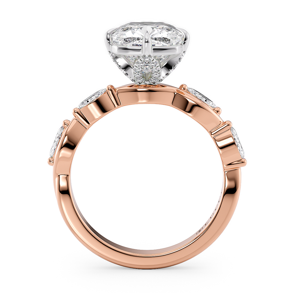 Load image into Gallery viewer, LUCCE Cushion Diamond Ring with Marquise Accents in Intertwining Vines and Petal Prongs Mid Setting Engagement Ring in Gold or Platinum 
