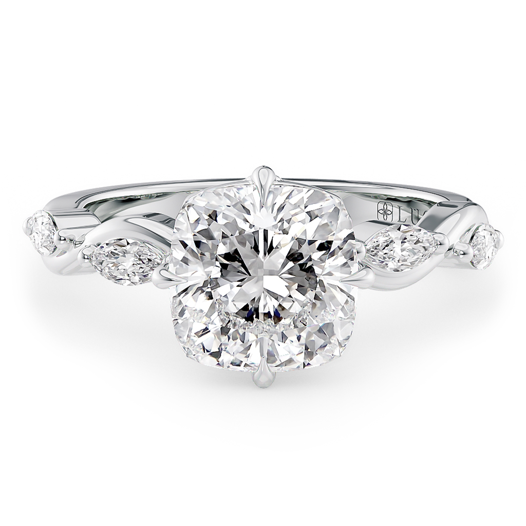 Load image into Gallery viewer, LUCCE Cushion Diamond Ring with Marquise Accents in Intertwining Vines and Petal Prongs Mid Setting Engagement Ring in Gold or Platinum 
